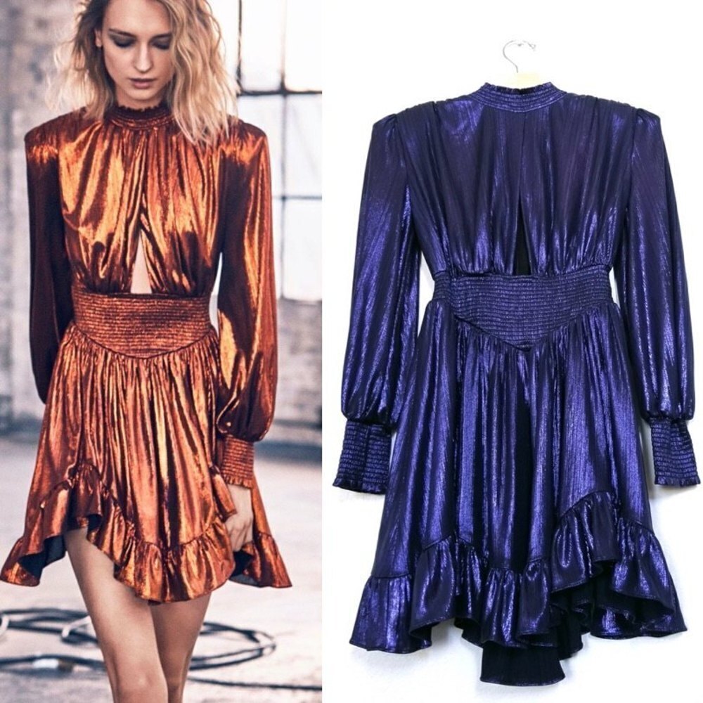 NWT Retrofete Melody Balloon Sleeve Smocked Ruffled Mini Dress Metallic Blue XS